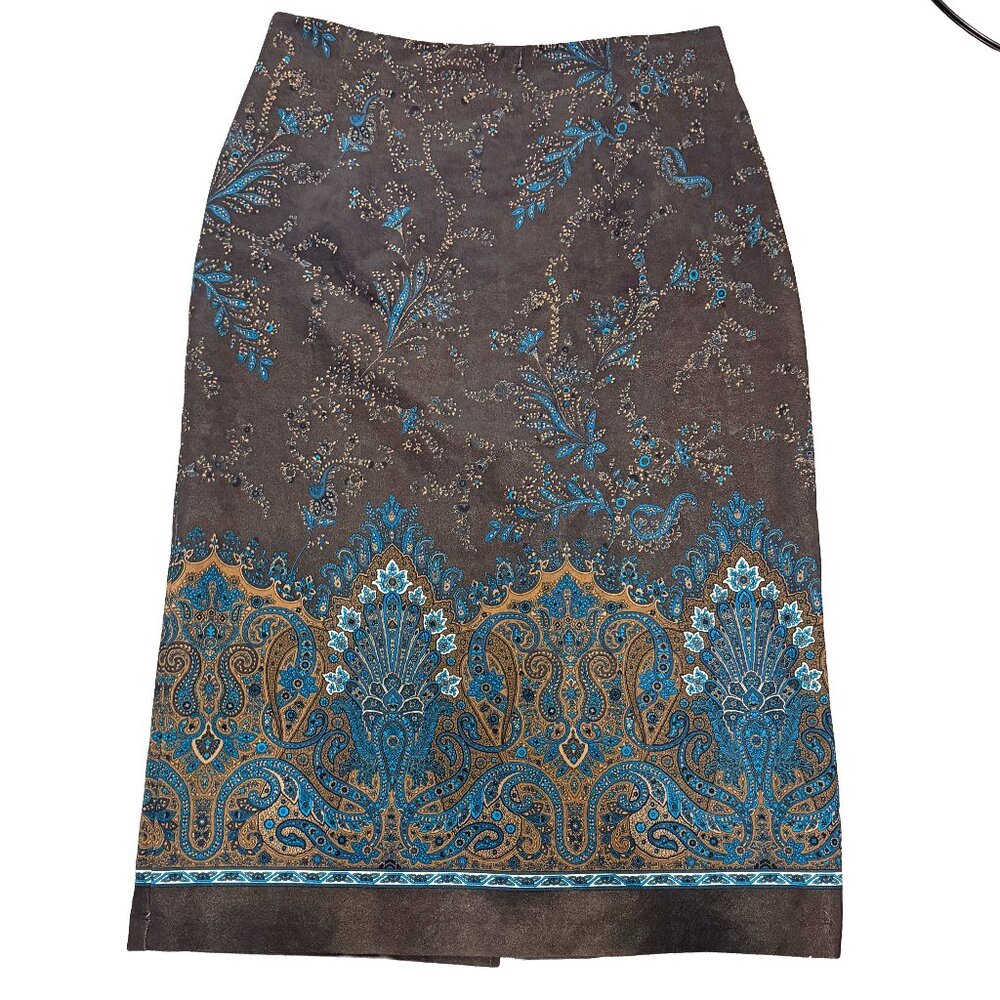 Briggs Petite Brown Paisley Midi Skirt Boho Teal Gold Border Print Size 14P/16P